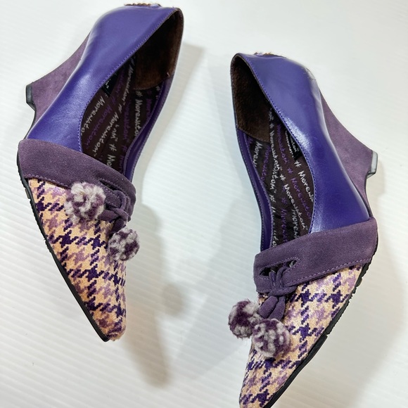 M by Morenatom Houndstooth Womens Sz 6B Purple Leather Upper Pointed Toe Wedges - Picture 12 of 12